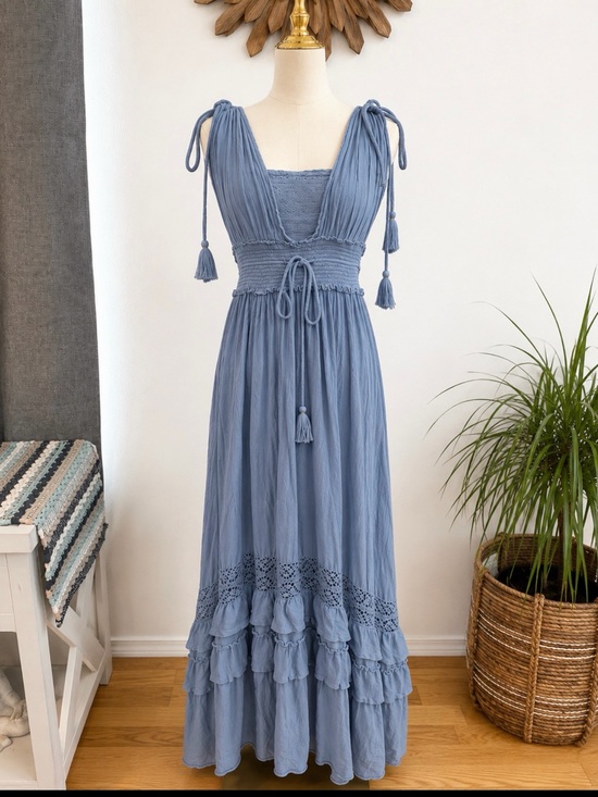 Free People Dresses & Skirts - Free People Santa Maria Maxi Dress Satellite Sky Blue Open Back Tassel Boho Maxi